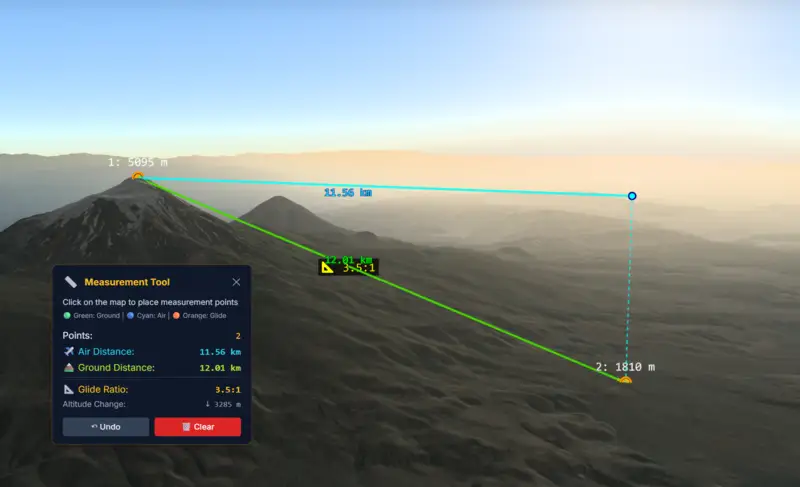 In-flight measuring overlay showing distances
