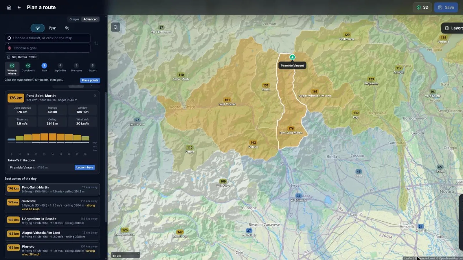 Map of Alpine valleys coloured by the cross-country distance potential of the day